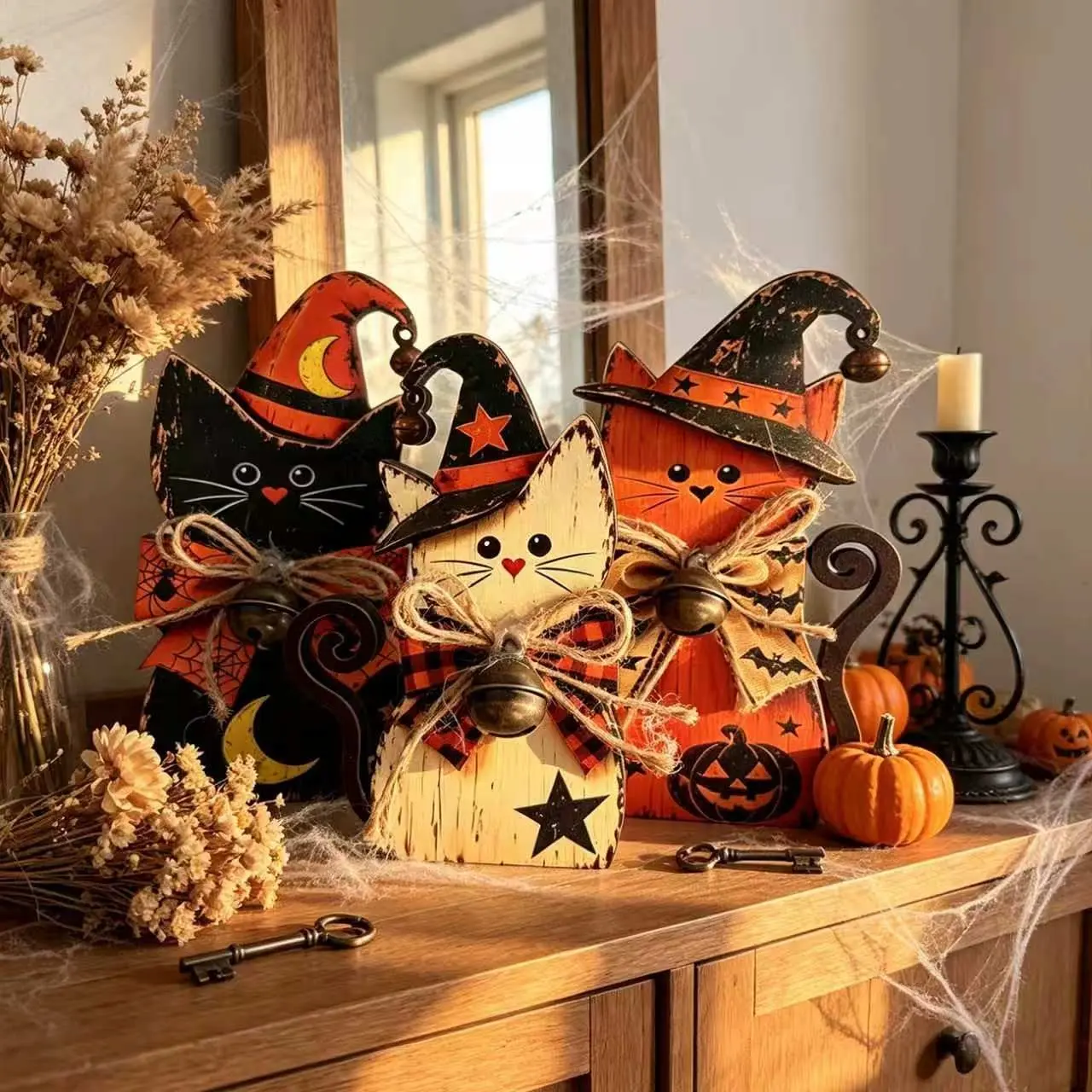 Vintage Wooden Ghost & Witch Black Cat Set | Spooky Halloween Table Decor