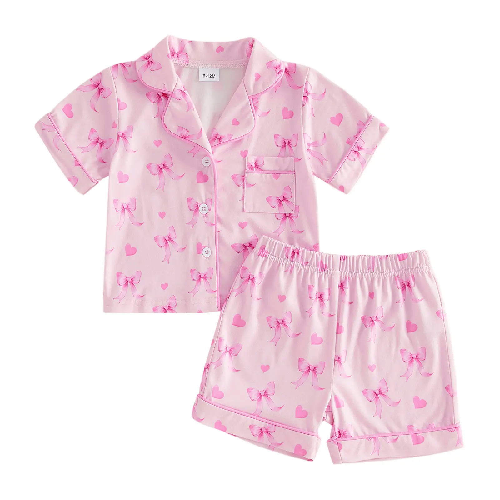 Toddler Baby Girl Pajamas Set Cute Bow Heart Print Short Sleeve Lapel Button Down Shirt Tops and Shorts 2Pcs Pjs Set Sleepwear