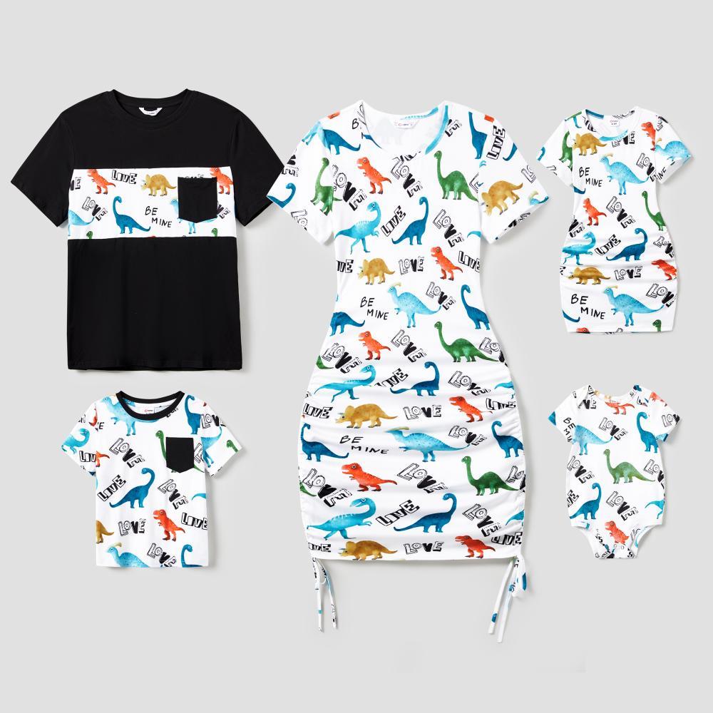 PatPat Family Matching Allover Dinosaur Print Drawstring Ruched Bodycon Dresses and Short-sleeve T-shirts Sets Spingtok