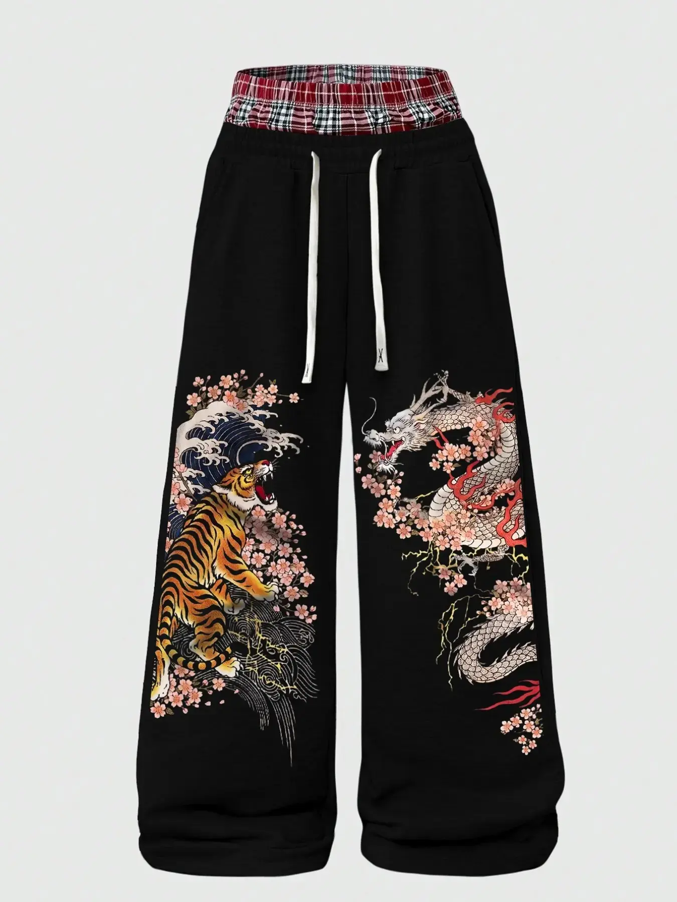 Ukiyo-E Dragon Tiger Cherry Blossom Print Wide Leg Sweatpants for Men, Fake Two-Piece Plaid Waist, Loose Fit Streetwear Long Pants
