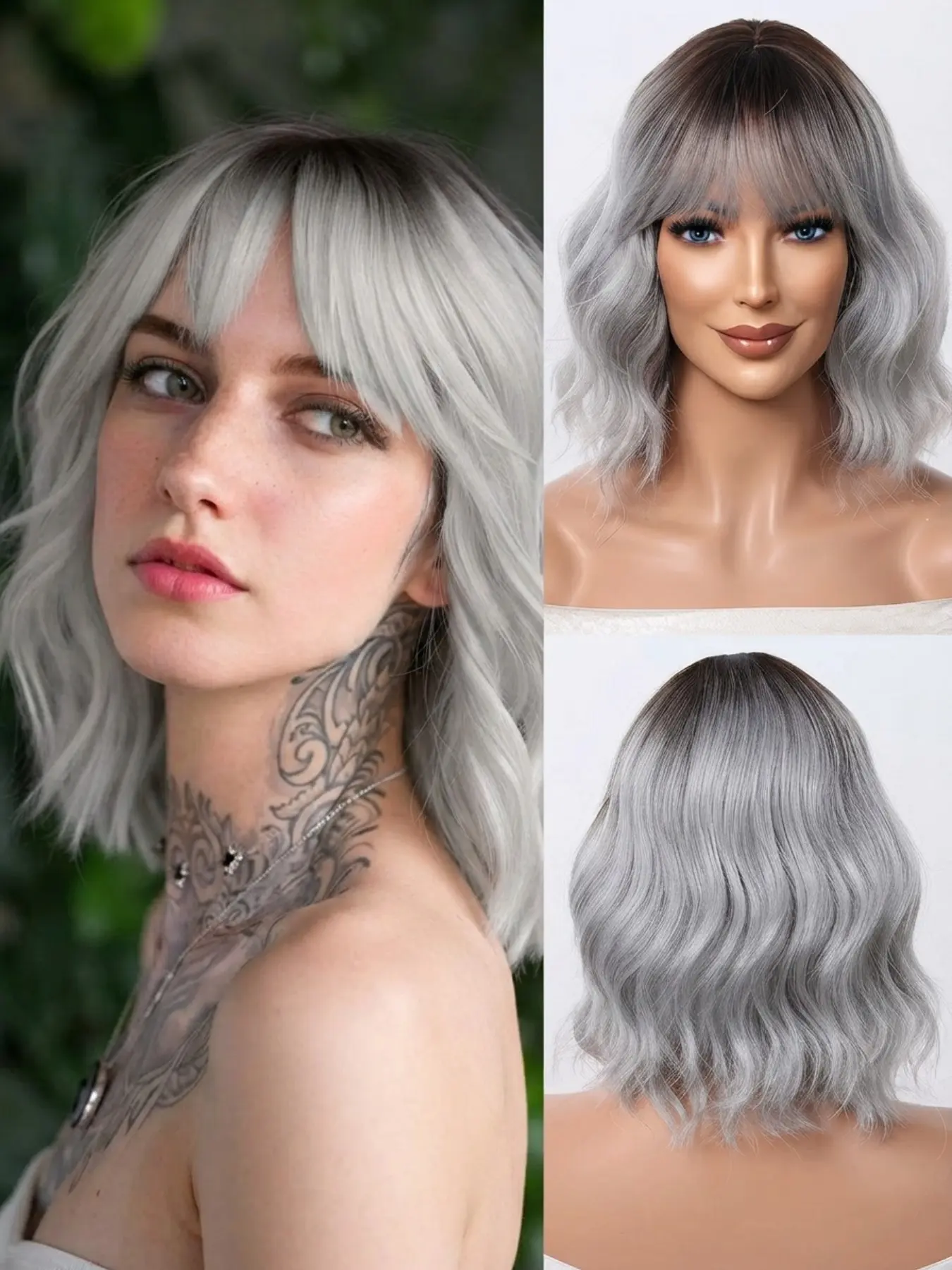 Dark Root to Silver Grey Ombre Short Wavy Bob Wig with Bangs, Synthetic Shoulder Length Hair Wig for Daily Party Cosplay, Natural Looking Heat Resistant Fiber