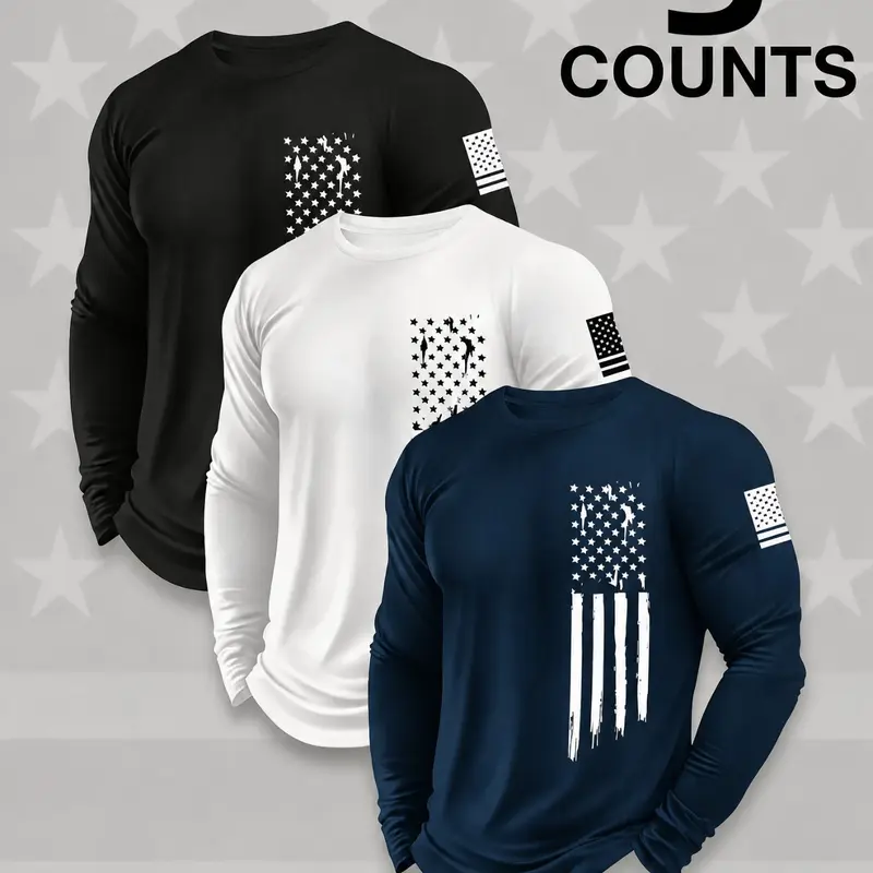 3-Pack Men's Round Neck Long Sleeve T-Shirts, Casual and Comfortable, Knit, Classic Style with Flag Print, Spring & Fall Wear