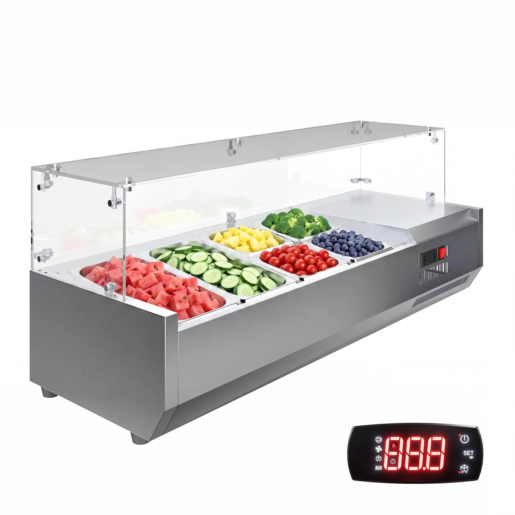 Commercial Refrigerated Prep Station – Compact 130W Countertop Salad & Pizza Topping Table – 1/3 & 1/6 Pans, Digital Thermostat, Stainless Steel, PC Lid – Cooler for Restaurant and Food Service