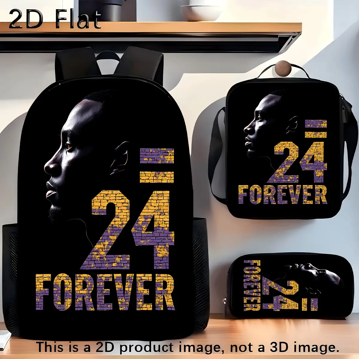 Kobe Bryant Fans' 3-Piece Oxford Fabric Backpack Set Pack - Waterproof, Durable, Lightweight Daily Use Bags with Double Zipper, Large Capacity, Retro Look Brick Texture Kobe Silhouette Art, Thermal Lunch Tote, Stationery Pouch
