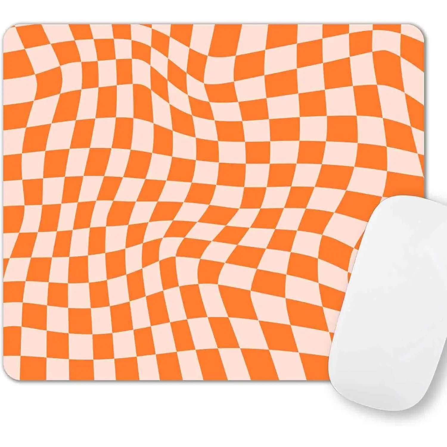 Women's Orange Checkered Synthetic Fabric Mouse Pad - 7.9x7.9 in, 3mm Thick, Color Lock Effect, Cute Patterns, Non-Skid Rubber Base, Modern Office Desk Accessories for Computers & Office Equipment