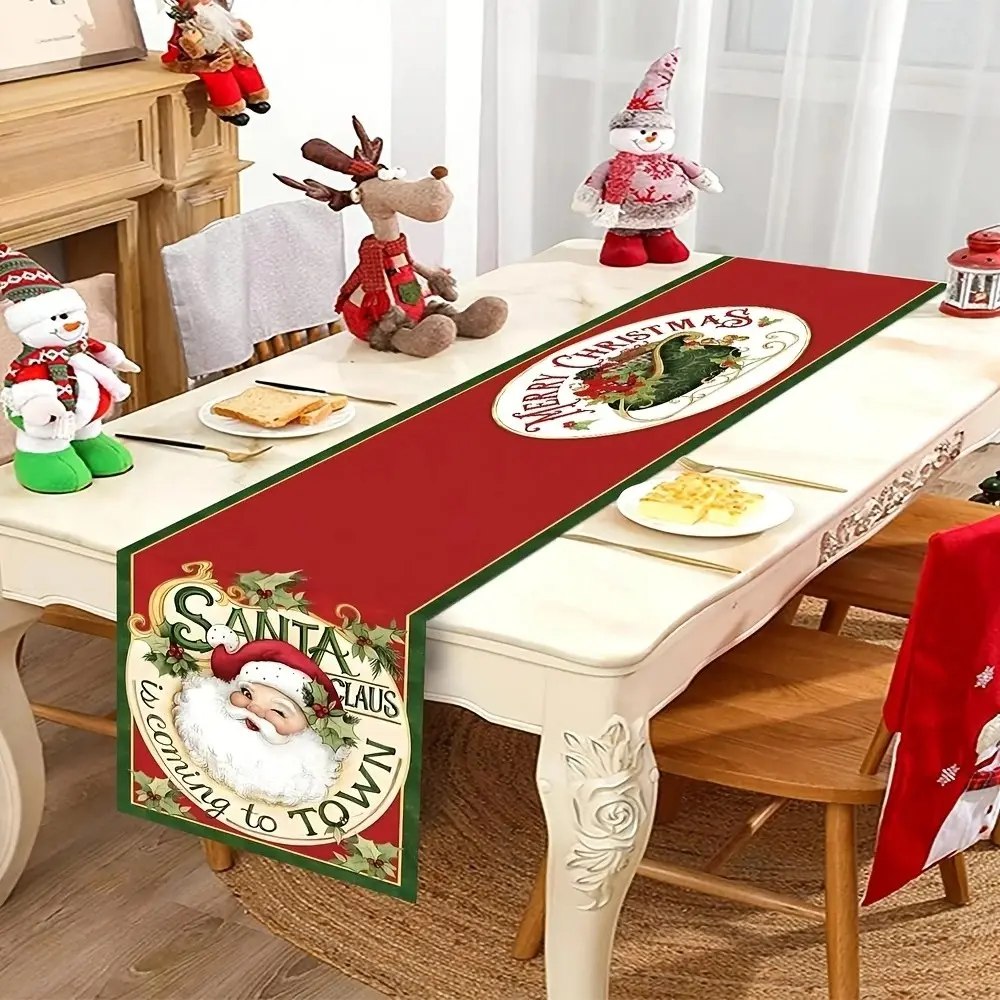 Christmas Table Runner, Vintage Santa Design, Merry Christmas Theme, Polyester Material, 35x180cm, Winter Party Decor, Dining Room Centerpiece