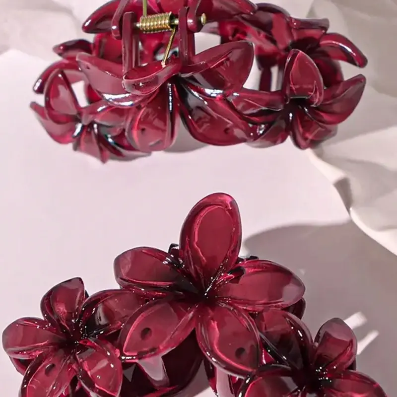 Elegant Burgundy Flower Claw Clip, Stylish Plumeria Floral Hair Claw, Sweet Decorative Hair Holder for Party Daily Wear, Claw Clip Pack