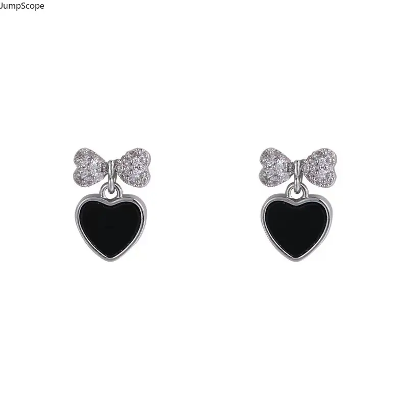 Crystal Bow & Black Enamel Heart Dangle Earrings, Minimal Cold Sweet Cool Unique Elegant Women Fashion Drop Ear Jewelry