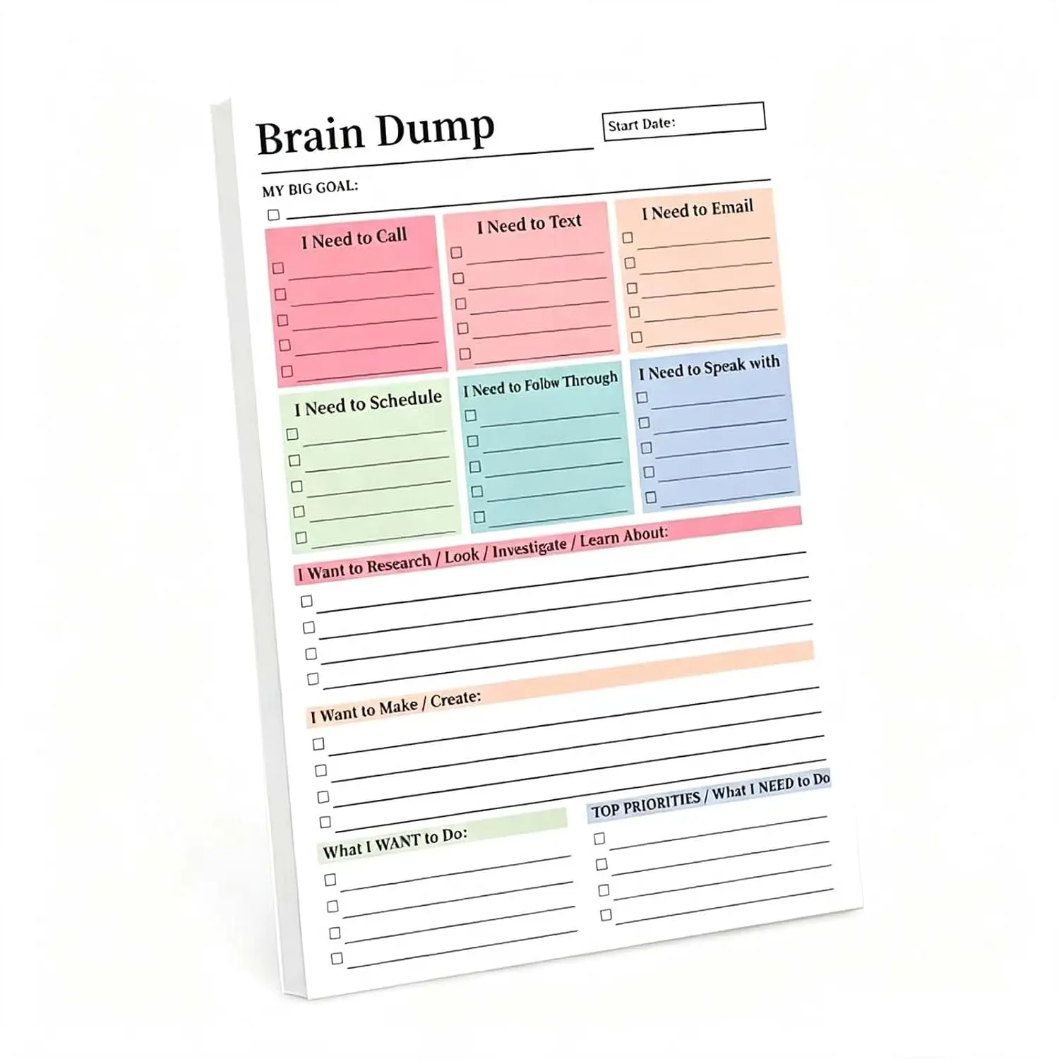 50 Page Brain Dump Notepad,  Notepad with Multiple Functional Sections, A5 Daily Planning Management Manual, Minimal Planning Tool