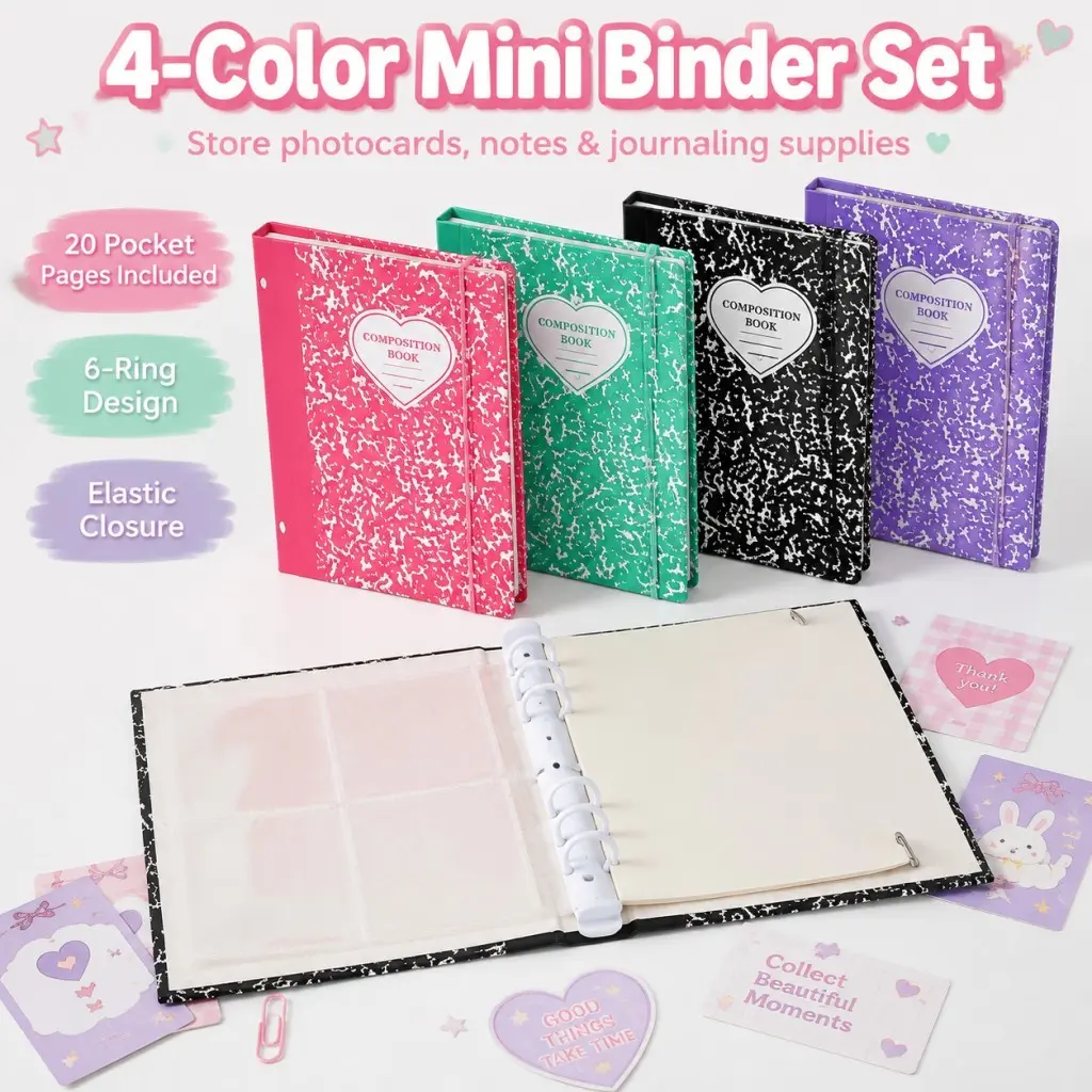 4-Pack A5 6-Ring Planner Binders with Elastic Band Closure, Multicolor Hard Cover Notebooks, Each Includes 20 Quad-Ruled Sheets, Binder Journal