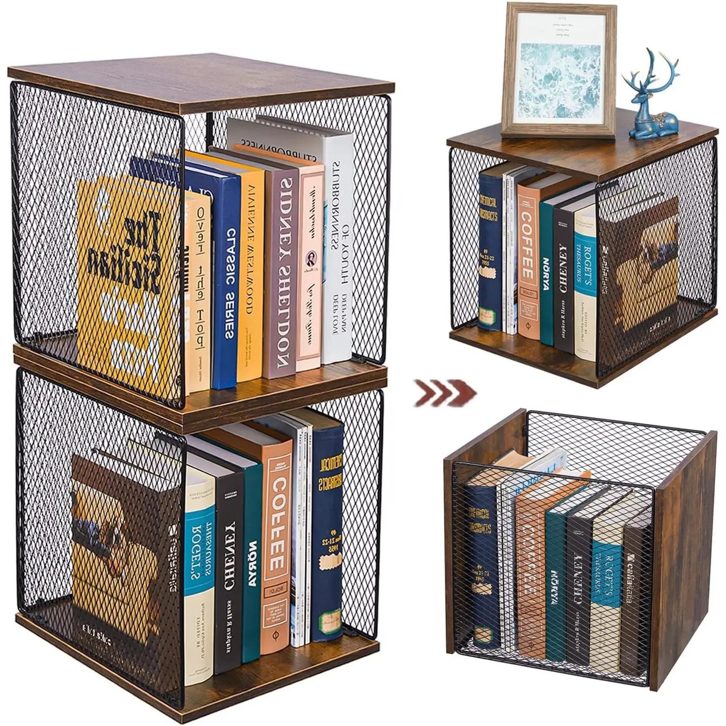 2 Cube Organizer Bookshelves DIY Variable Stackable Cube Storage Organizer for Kid Bedroom,Living Room,Small Bookshelf Black Brown Wooden,No Vinyl Storage