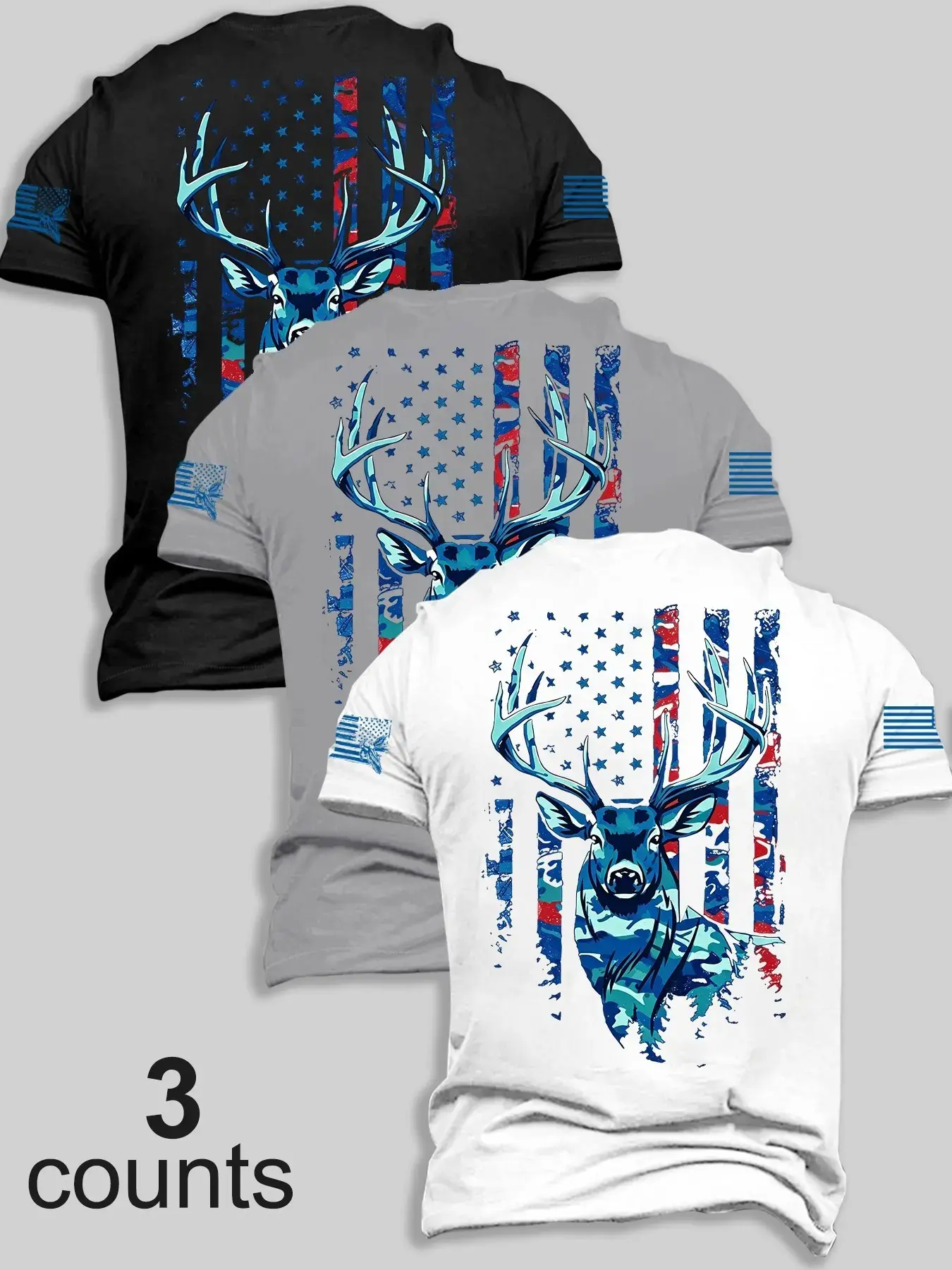 Men's 3-Pack Round Neck Short Sleeve T-Shirts, Vintage Camo Flag Deer Print, Soft Casual Shirt, Outdoor Hunting Streetwear, Camping Travel Top#HuntingTee #DeerHunter #PatrioticShirt #AmericanFlagTee #BuckGraphicTee #OutdoorMensTee #VintageUSA #HunterGift