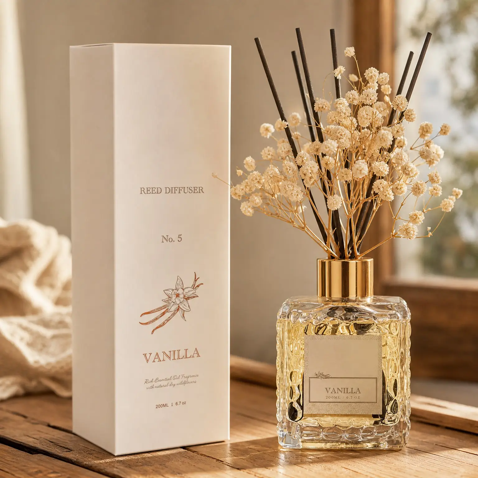 Reed Diffuser Set - Vanilla Coconut Oil, Diffuser Sticks, Bathroom Shelf Decor, 200ml with Preserved FlowersGift
