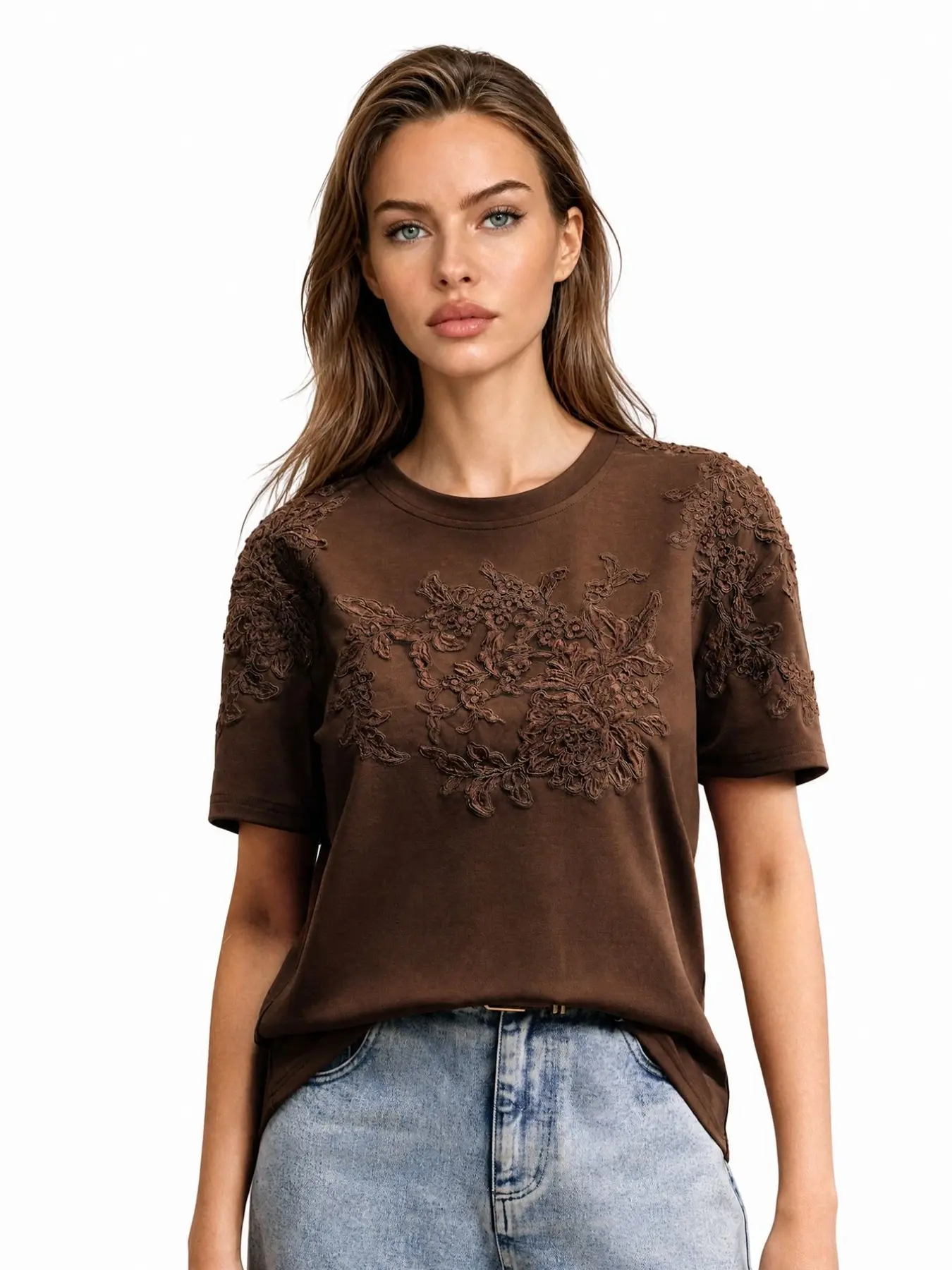 Summer Design Floral Embroidered Loose Round Neck Elegant Modern Women's T-Shirt Top Shirt, Stylish Casual Wear for Ladies