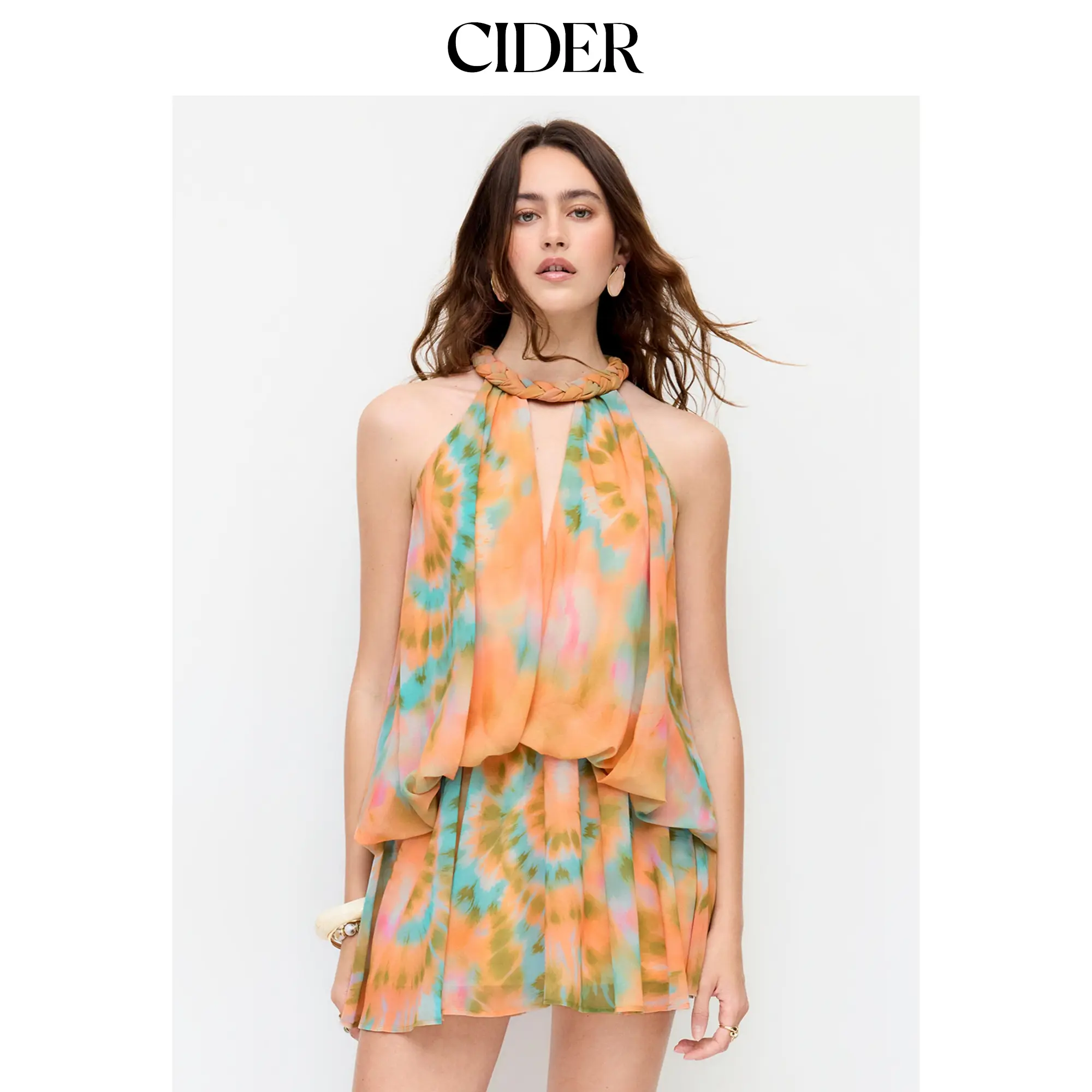 Cider Chiffon Tie Dye Twist Knotted Halter Neck Flared Mini Dress SohoChic