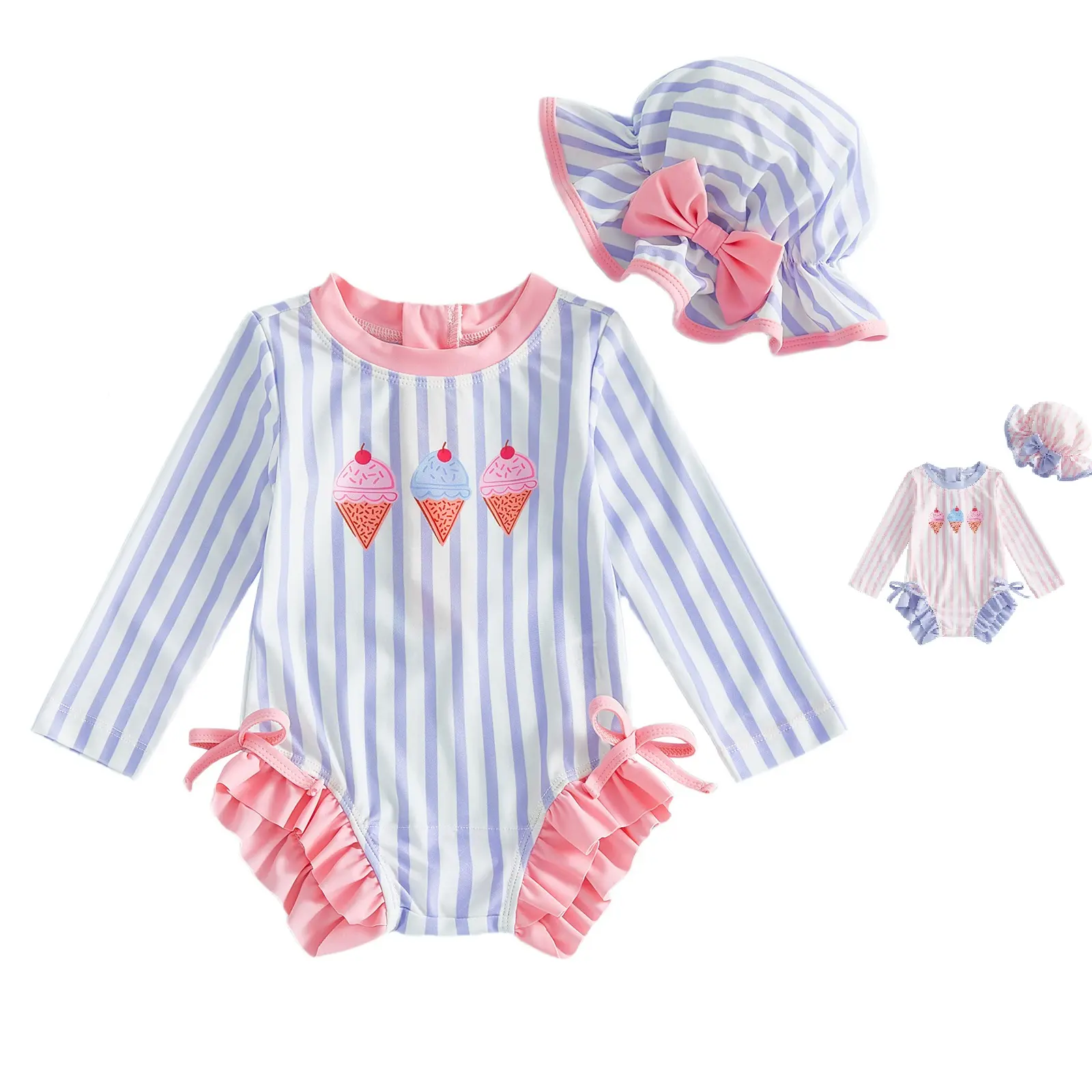 Toddler Baby Girl 2-Piece Rash Guard Swimsuit, Long Sleeve Ice Cream Print Ruffled Bow Swim Set with Hat for Summer Beach Pool