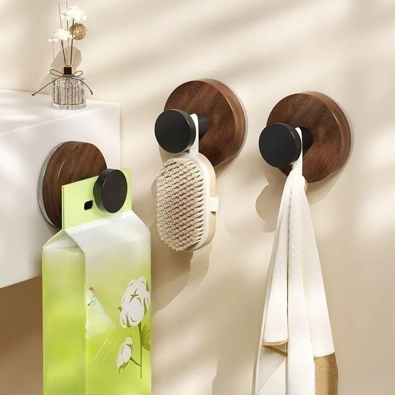 4-Pack Suction Cup Hooks with Natural Walnut Wood Finish, Minimalist No-Drill Wall Hangers for Kitchen & Bathroom, Damage-Free & Waterproof, 4 Hooks, 4Pcs, Compact And Practical, Bathroom Decor