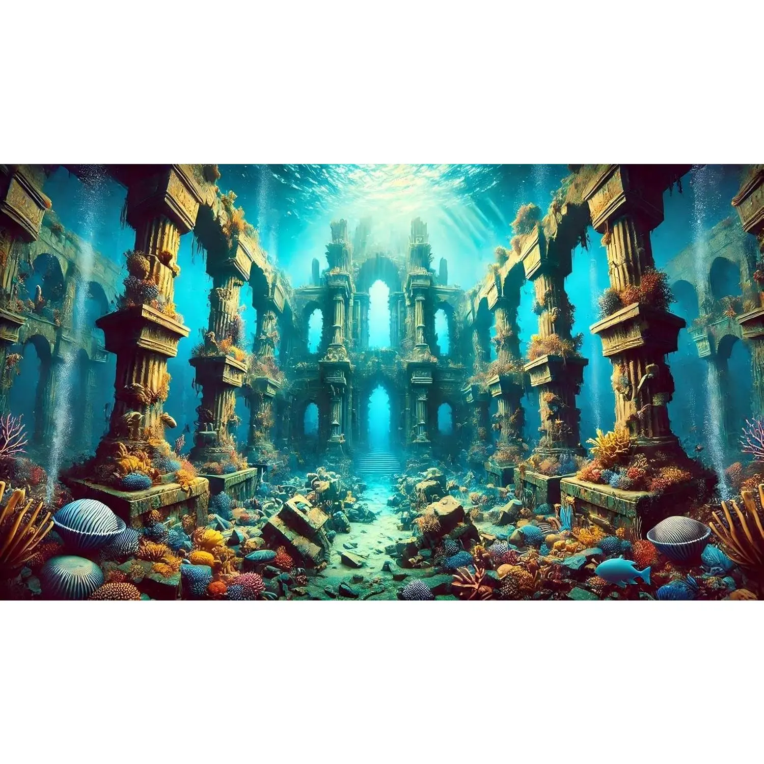 Undersea Ruins Aquarium Background Coral Ancient Building Fish Tank Background 24x12 Inches PVC Glass Container Decoration with Tapes