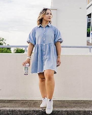 FMEYOA Womens Summer Denim Dress Button Down Short Sleeve Babydoll Dress Puff Sleeve Flowy Jean Dress