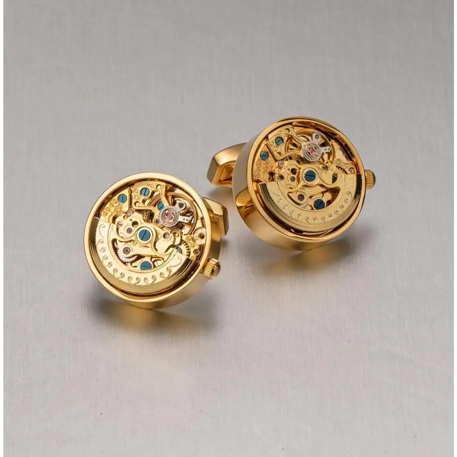 KFLK Men's Gold Classic Bar Cufflinks, High-Quality Watch Movement Mechanical Design, Plain Surface Shirt Buttons for Multiple Events