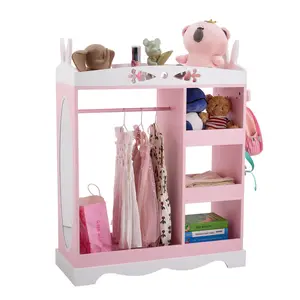 Cute Bunny Ear Kids Wardrobe Pink & White, Painted Veneered MDF & Particleboard Children Closet with Full Length Mirror, 3 Open Storage Shelves & Detachable Clothes Hanging Rod, Toddler Bedroom Storage Cabinet for Kids Clothing Organizer