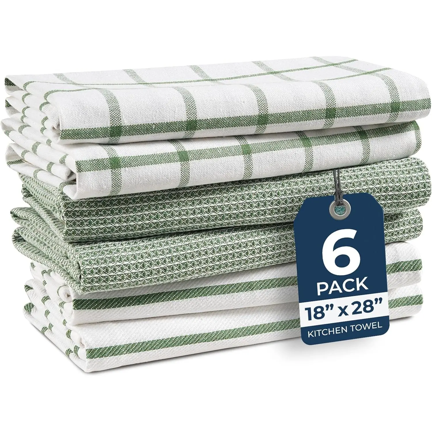 Cotton Kitchen Towels Set, 6-Pack – Absorbent, Quick-Drying Dish Towels, 18" x 28", Premium Hand and Tea Towels - Olive