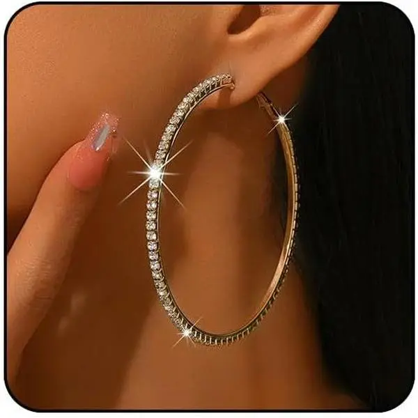 Large Silver Rhinestone Hoop Earrings, Big Sparkly Gold Hoops, Black Statement Earrings, Bling Chunky Hoops 50-80mm Trendy Prom Wedding Jewelry