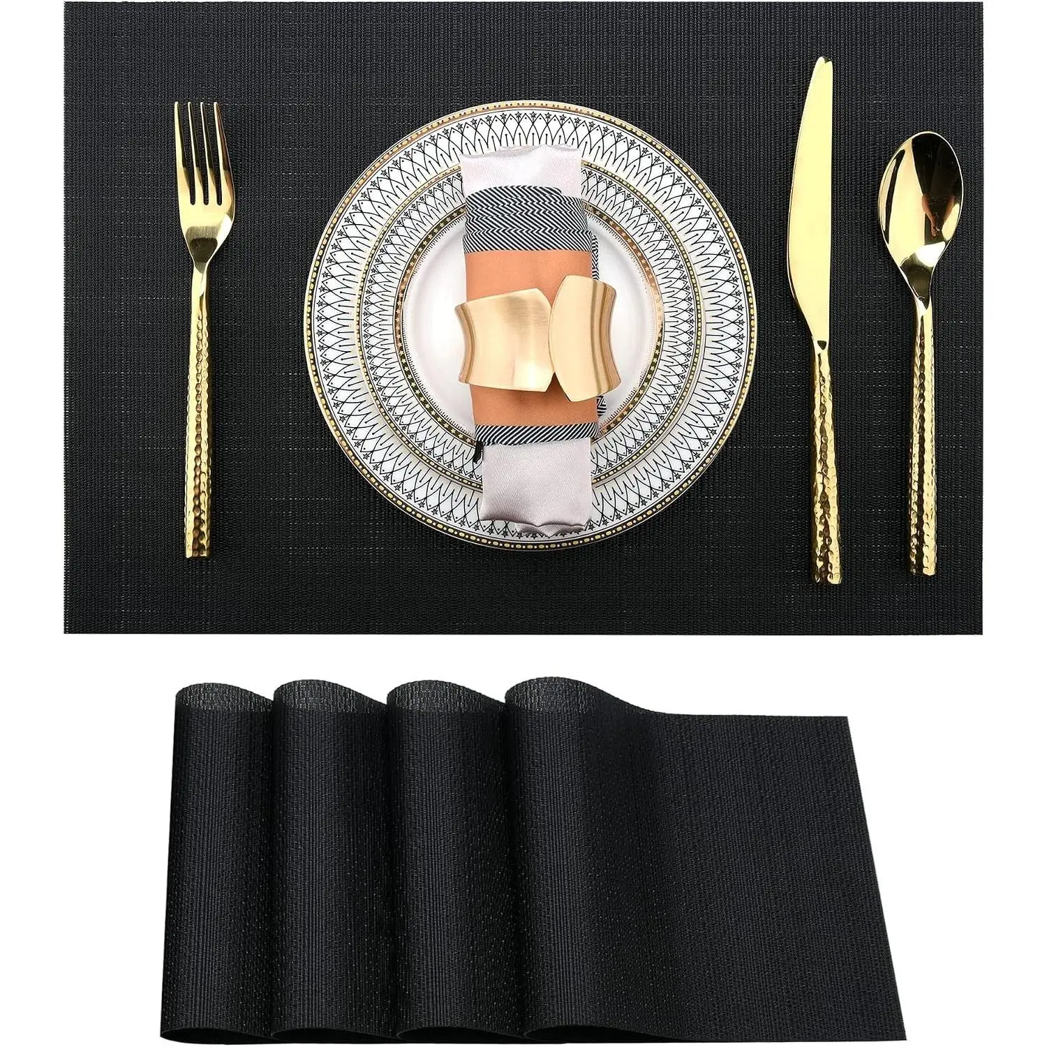 Black Placemats Set of 4 - Easy Clean Washable Vinyl Placemats - Wipeable Heat Proof Table Mats for Dining Table - 17x12 Inch (Pure Black, 4)