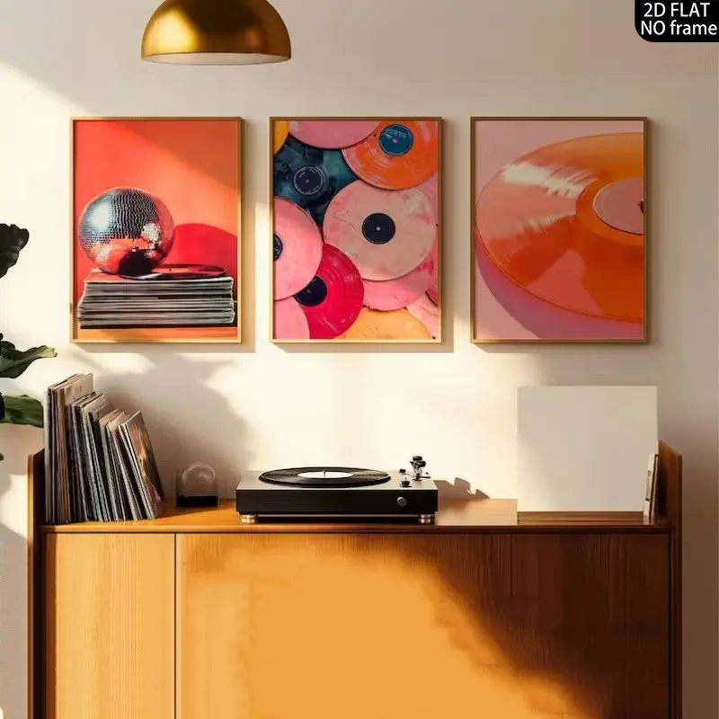 3-piece frameless retro music canvas poster - bright pink and orange disco ball vinyl record wall print, modern minimalist photo wall decoration for bedrooms and dormitories, minimalist college style room decoration, holiday decoration gift, Vibrant Print