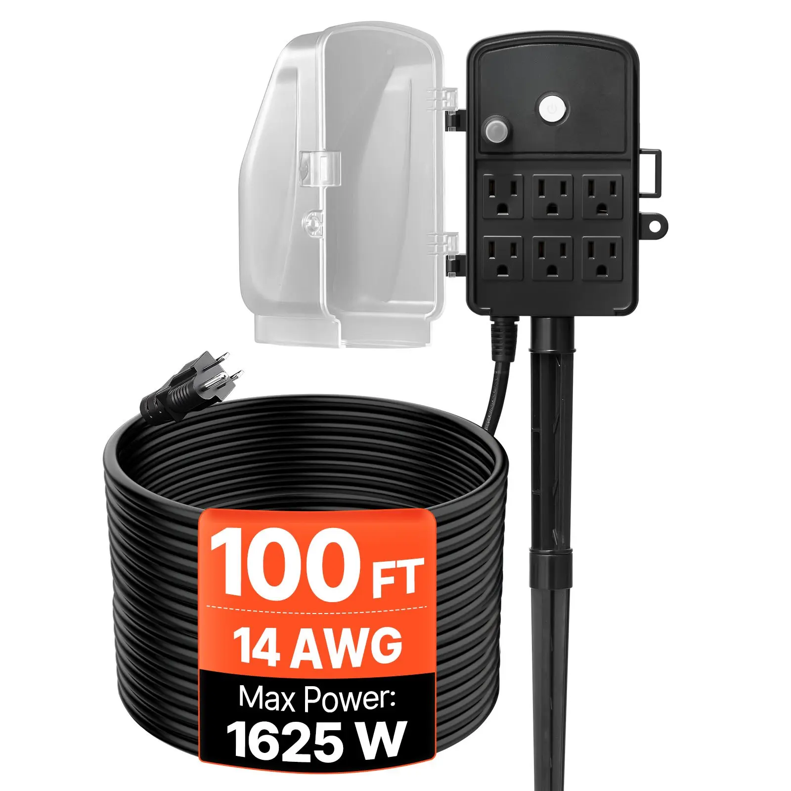 VEVOR Outdoor Ground Stake Extension Cord Power Strip, 100 ft Cable, 6-Outlet Waterproof Plug, 13A/1625W Overload Protection Cover, Black Mount for Christmas Lights & Devices