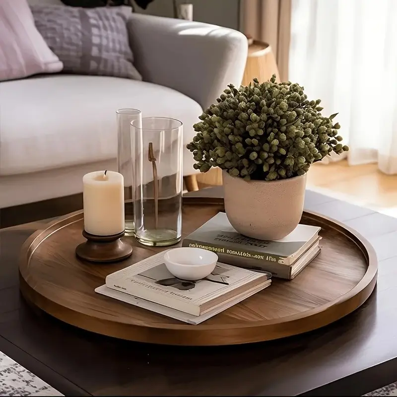 Wooden Round Storage Tray, 1-Piece Multifunctional Desktop Organizer for Bathroom, Bedroom & Living Room Wooden Round Storage Tray, 1-Piece Multifunctional Desktop Organizer for Bathroom, Bedroom & Living Room