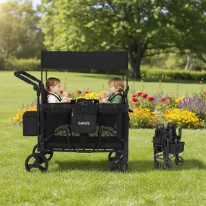 Folding 4-Seater Kids Wagon Stroller - Removable Bench, UV Canopy, All-Terrain 4-Wheel Push/Pull Cart, Foot Brake, XXL Capacity, Compact for Travel