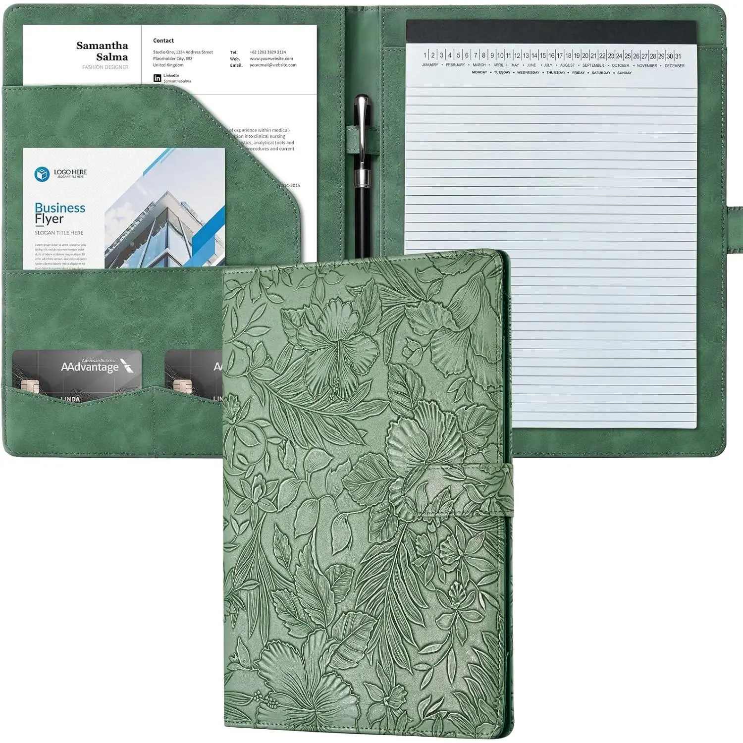 Padfolio Portfolio Binder, Faux Leather Interview Resume Folder with Document Organizer & Business Card Holder, Letter-Sized Notepad Legal Pad Holder for Women Men (Green)