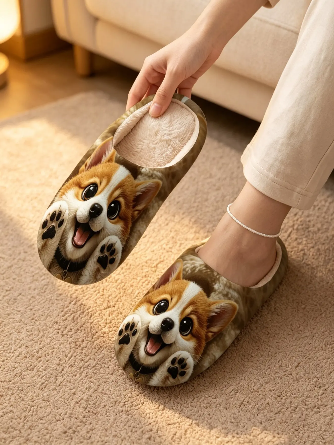 Women's Corgi Dog Pattern Slippers, Comfortable Plush Indoor Shoes, Cozy Bedroom Footwear, Warm Holiday Gift, All Seasons Casual Style, Casual Home Slippers