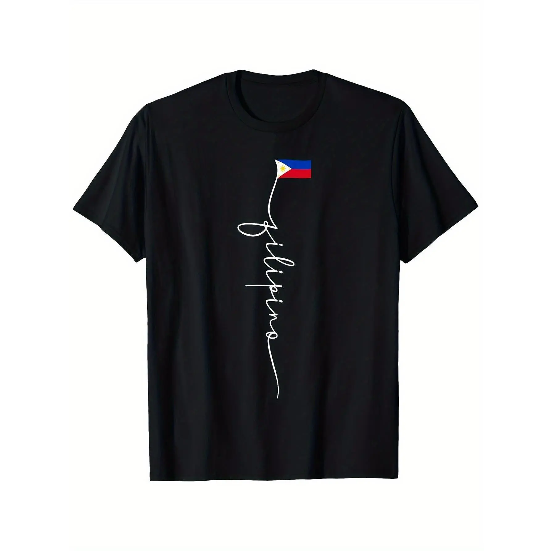 Unisex 100% Cotton Short-Sleeve Sports Top - Minimalist Philippine Flag Graphic, Golden Sun Print, Elastic Hem, Soft Denim-Inspired Menswear for Day Wear, Cultural Casual Fashion