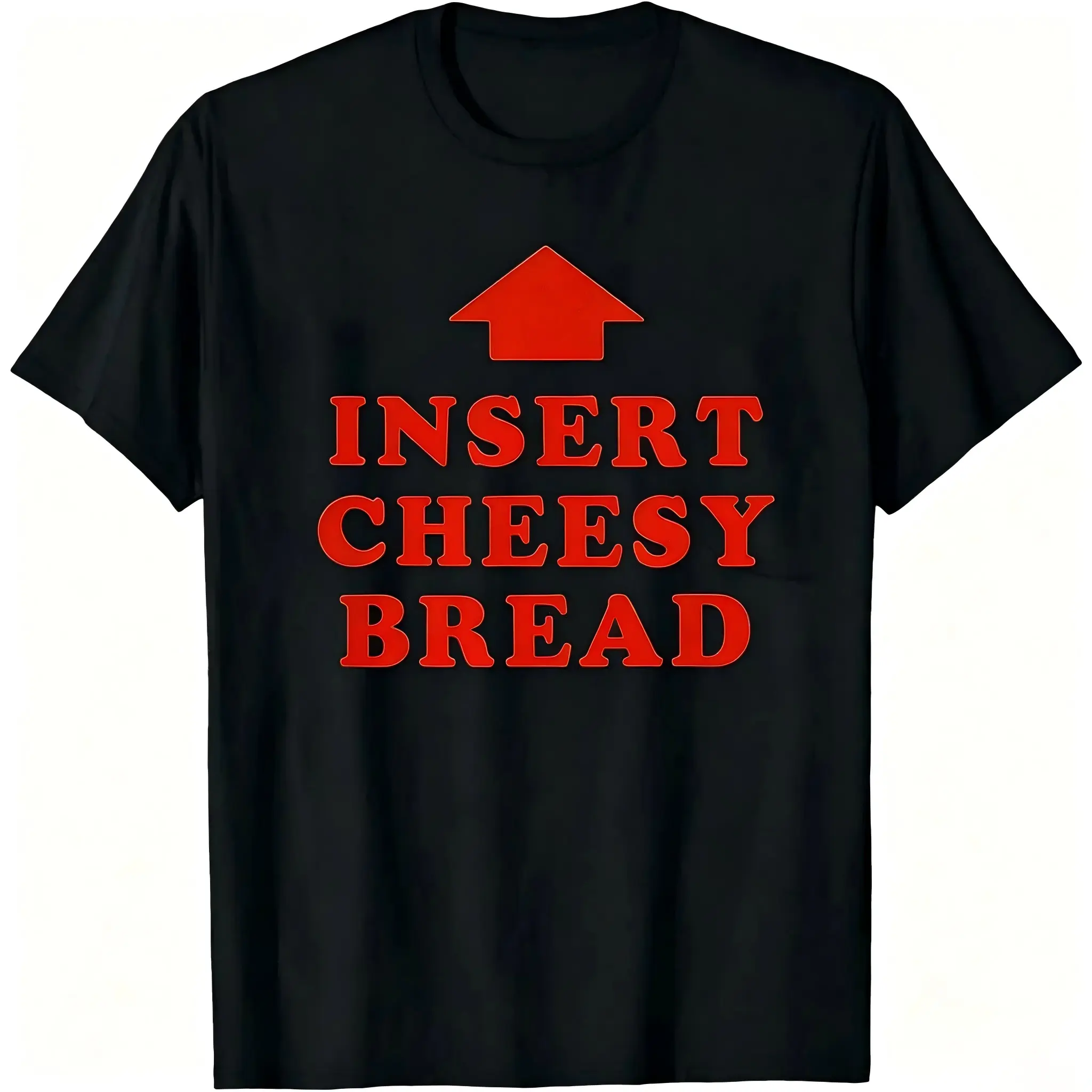 Casual Streetwear T-Shirt with "INSERT CHEESY BREAD" Lettering, Unisex Shortsleeve Graphic Top in a Relaxed Fit Cotton Blend, Tshirt, Breathable, Letter Slogan