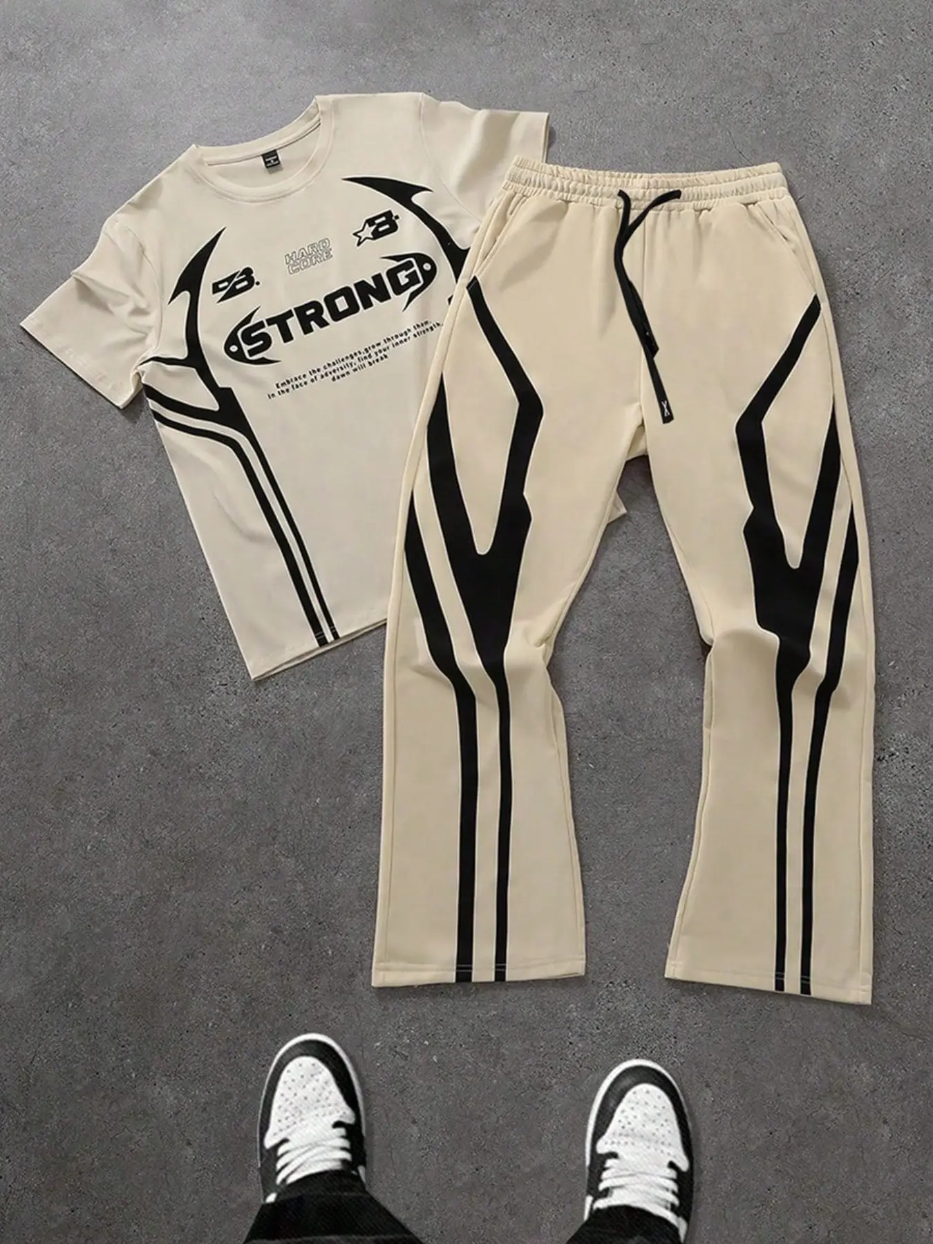 Men's Khaki Racing Graphic T-Shirt & Side Stripe Flare Track Pants 2 Piece Set | Elastic Drawstring Street Matching Outfit | Summer Casual Tracksuit for Men, Summer Tracksuits
