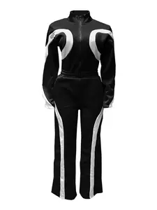 Tw801 Women's Fall Winter Fashion Sporty Colorblock Long Sleeve Romper, Casual Half-Zip Elastic Waist, Slim-Fitting, Plain Surface