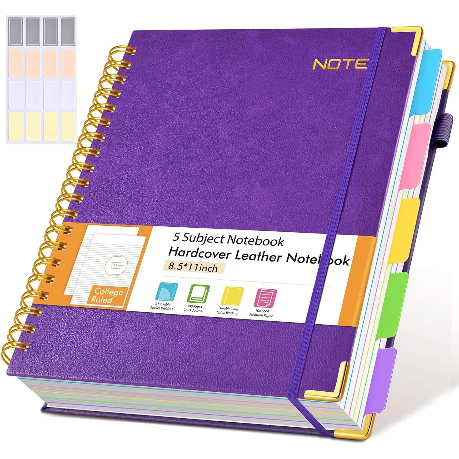 Hardcover Large Spiral Notebook 8.5" x 11" with Removable Dividers Tabs, 300 pages Leather 5 Subject Notebook College Ruled, A4 Journal for Women Men, Notebooks for Work School Note taking,