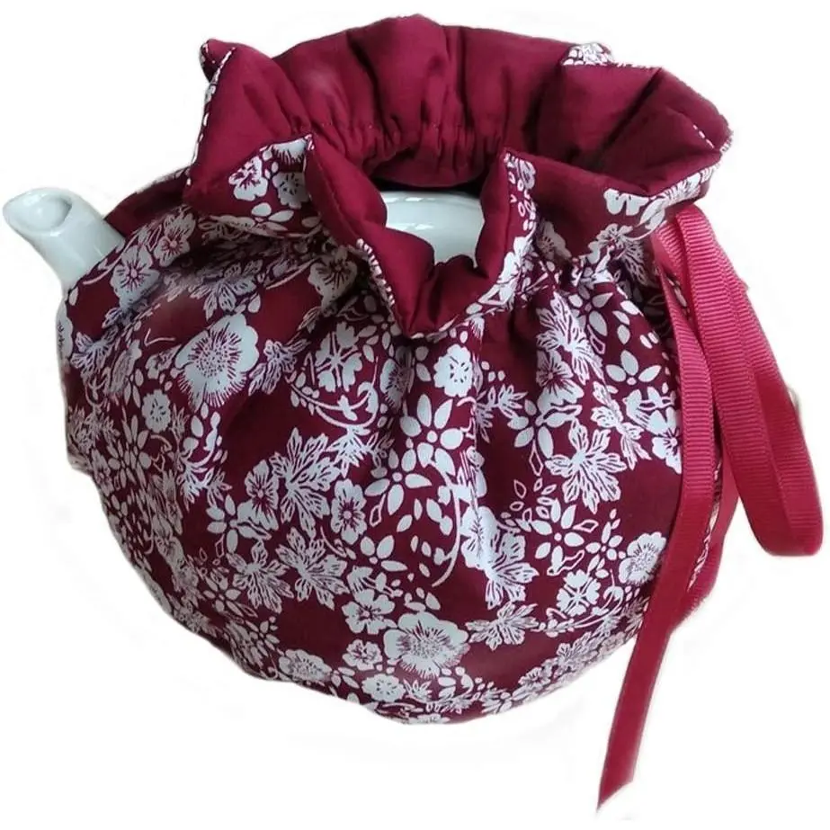 Dark Red Floral Cotton Tea Cozy Vintage Decorative Dust Proof Teapot Cover with Insulation Pad Keeps Tea Warm for Kitchen Home Office Decoration