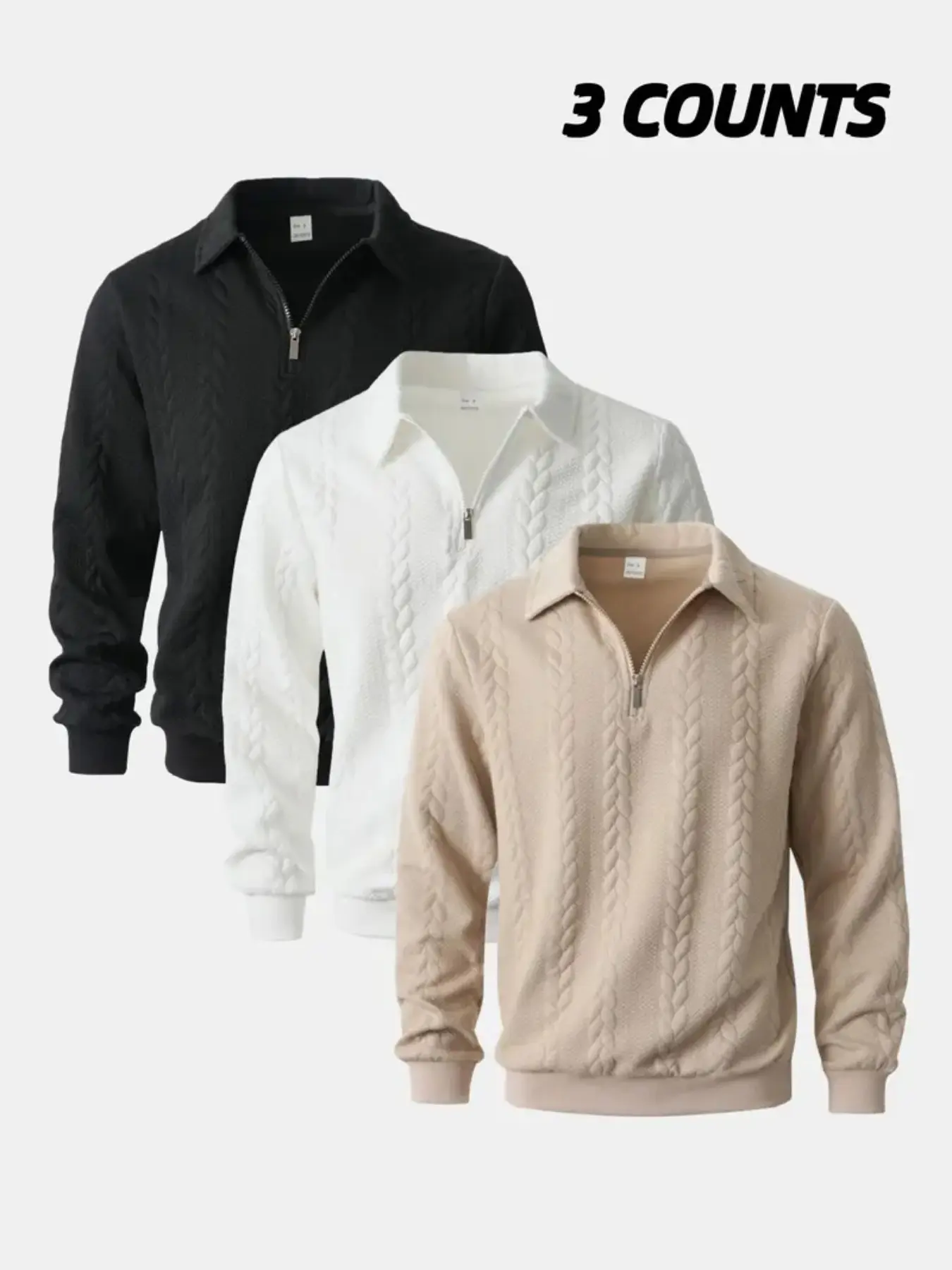 Men's 3-Pack Half-Zip Polo Sweatshirt, Knit Jacquard Turn-Down Collar Long Sleeve Top, Loose Fit Spring & Fall Casual Wear