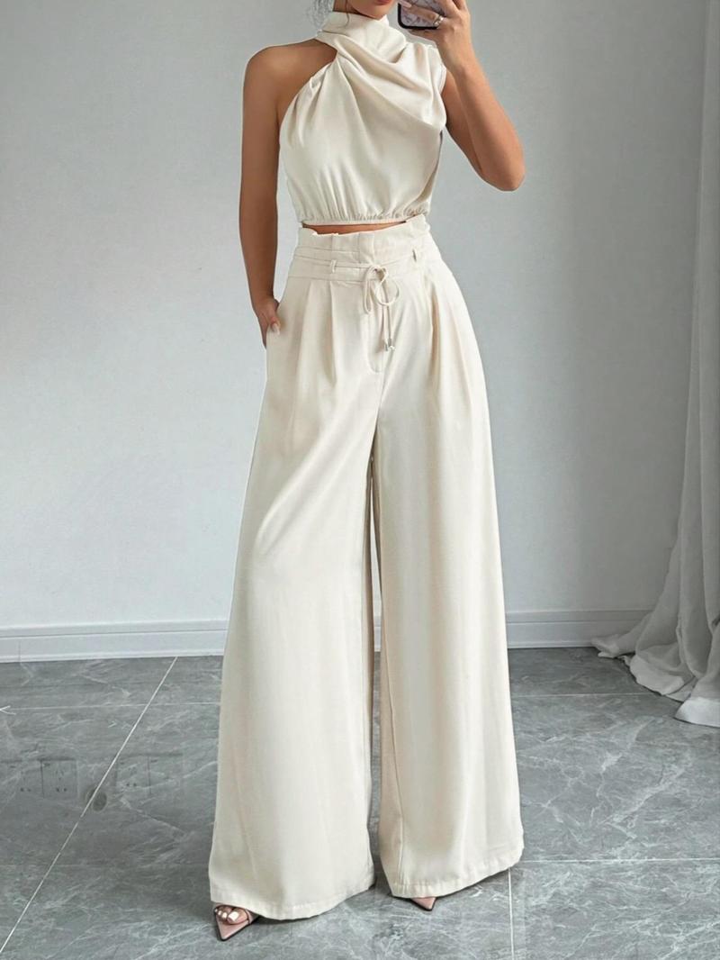 Valentine's Day Women's Solid Color Crop Tank Top & Wide Leg Pants Two-piece Set, Elegant Fashion Casual Top & Trousers for Daily Outdoor Wear, Women's Clothing for Summer