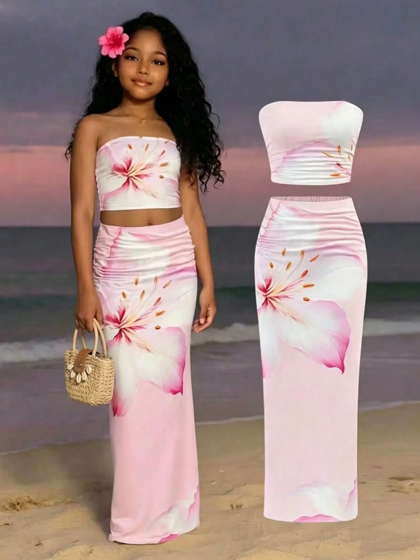 Girls' 2-Piece Set, Gradient Floral Hibiscus Print Crop Top & Pleated Skirt, Cute Tropical Style, Breathable Fabric, Beach