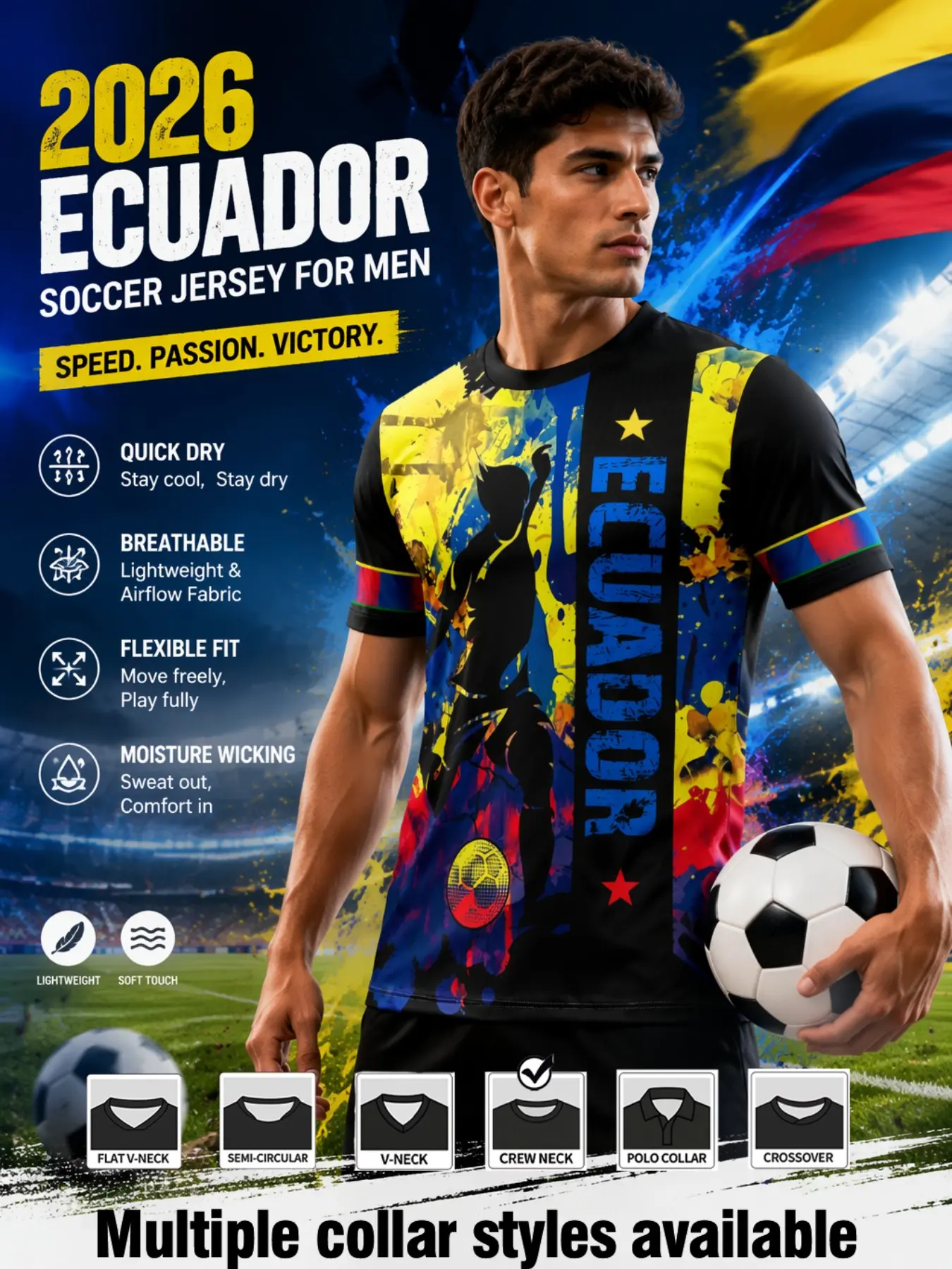 Men's Ecuador Sport Short Sleeve Top, Loose Fit Jersey, Vibrant Ink Art Print, Comfortable Daily Wear, Ideal for Sports & Outdoor Activities