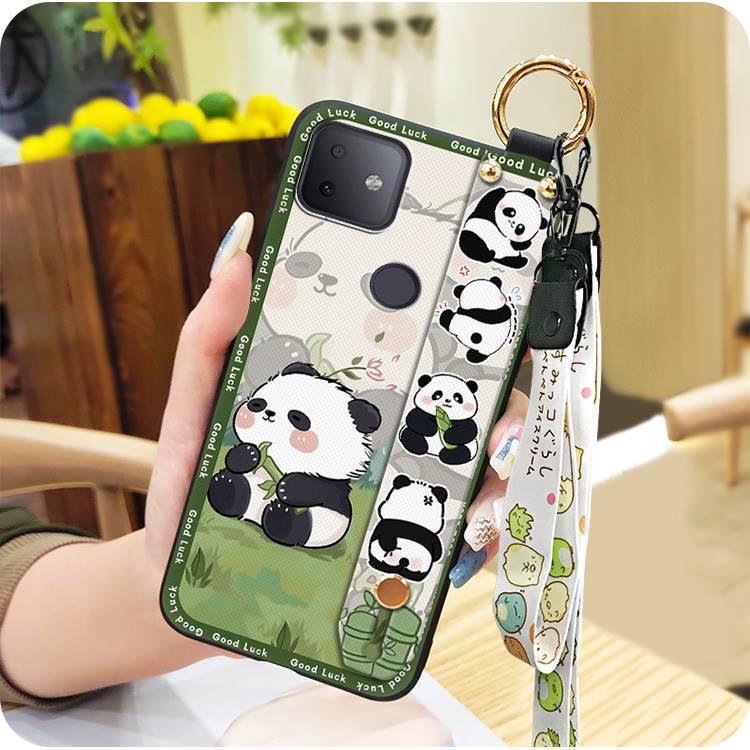 Wrist Strap Durable Phone Case For TCL T-Mobile Revvl 4Plus Kickstand protective Wristband Soft case Back Cover panda Silicone Waterproof ring Dirt-resistant Cartoon Anti-knock