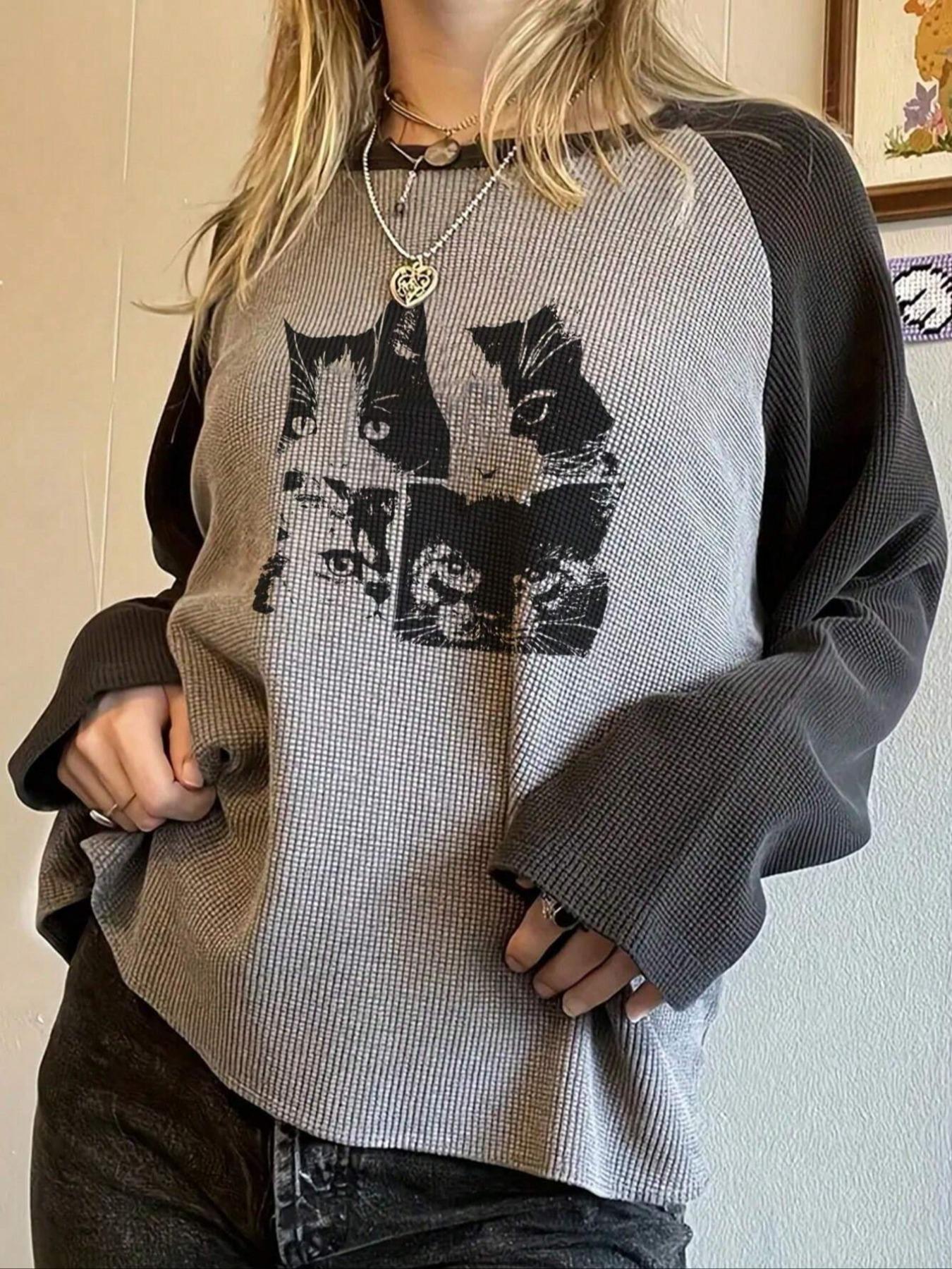 Women's Colorblock Star Print Raglan Sleeve Tee, Casual Comfy Tee, Casual Long Sleeve Round Neck T-shirt for Spring & Fall, Women's Top for Daily Wear Chic Top