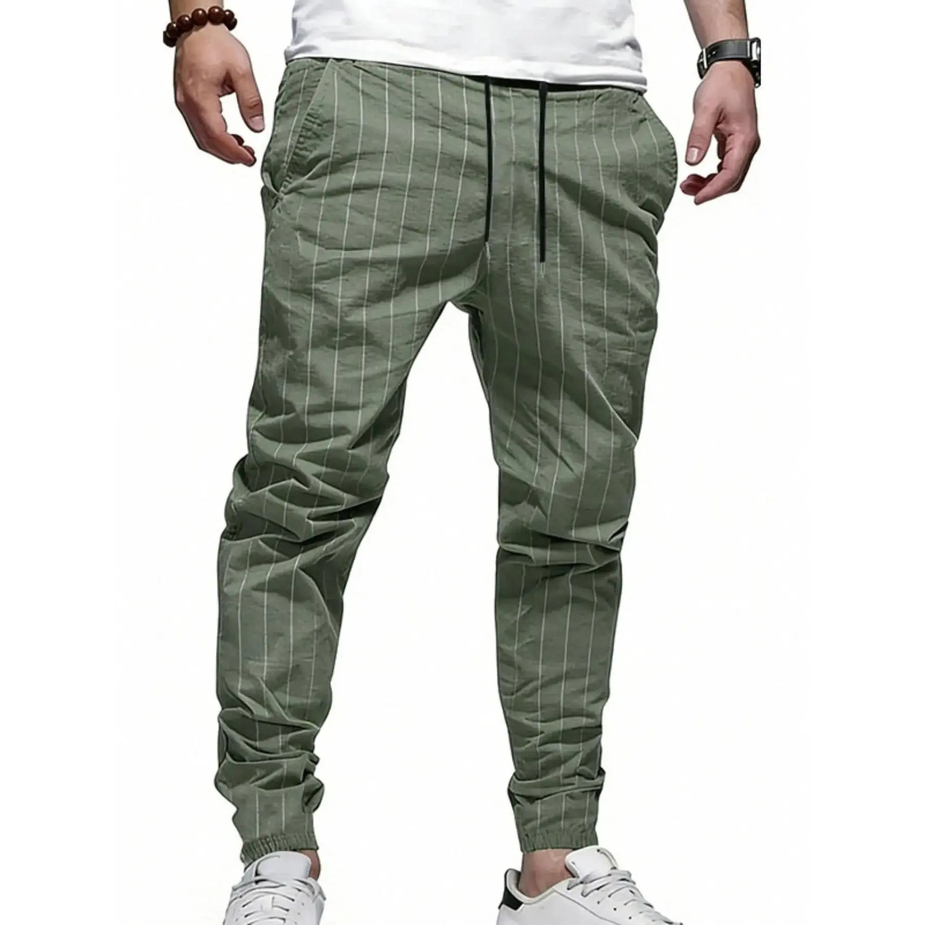 Men's Vertical Striped Drawstring Cargo Pants with Pocket, Casual Long Pants for All Seasons, Comfortable and Versatile Men's Clothing Trousers