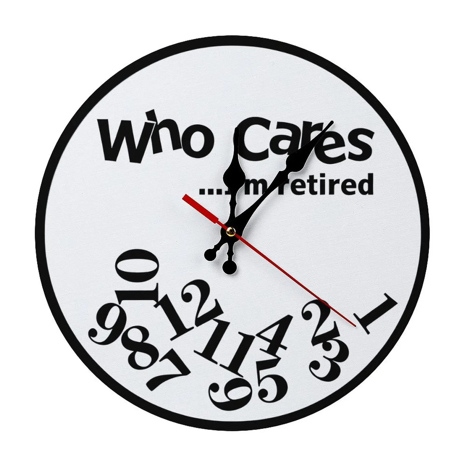 Round Funny "Who Cares I'm Retired" Wall Clock - 10/12 in, Jumbled Distorted Numbers, Easy Assembly, Casual Man Cave Room Decor for Home Supplies