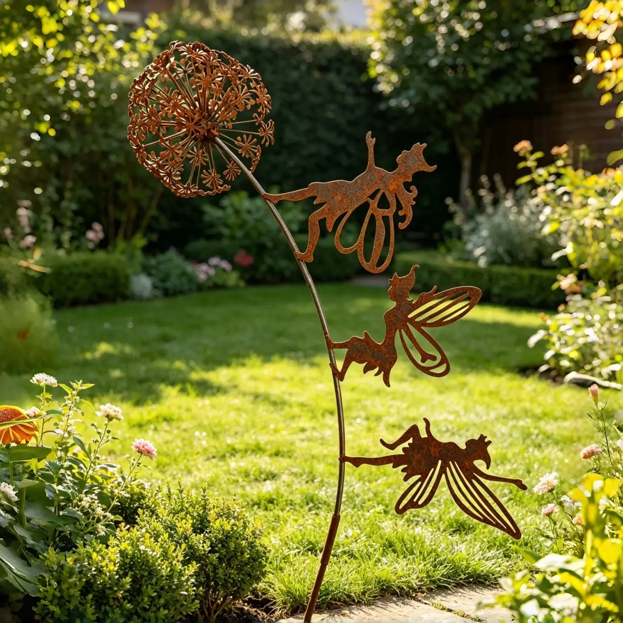 Rusty Metal Dandelion Fairy Garden Stake, 3 Dancing Fairies Silhouette Iron Art Yard Sign, Weather Resistant Metal Garden Sculpture for Lawn Patio Outdoor Decor, Vintage Whimsical Flower Bed Ornament Gift, Decoration, Statue