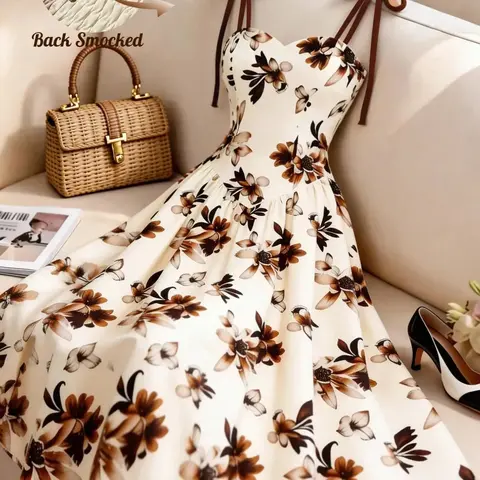 Women's Apricot Brown Floral Print Vintage Spaghetti Strap A-Line Dress, Evening Party Dress, Formal Cocktail Dress, Summer Elegant Flowy French Bohemian Dress for Beach Music Festival Holiday